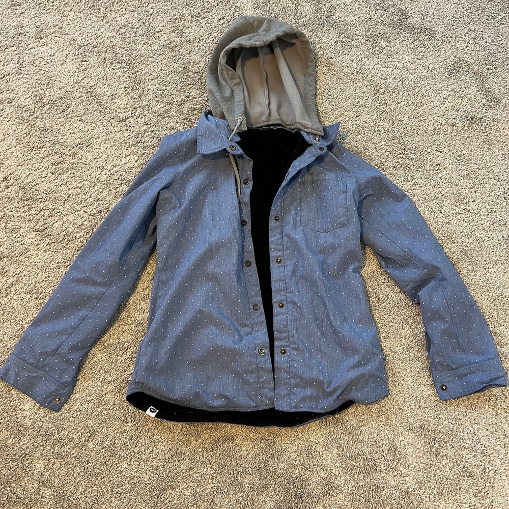 Roxy Fleece-lined hooded shirt jacket, light blue, white pin dot, small